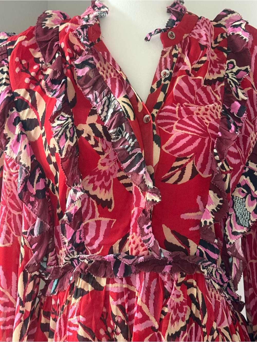 FARM Rio Red and Pink Floral Ruffle Long-Sleeve Dress - Picture 3 of 11